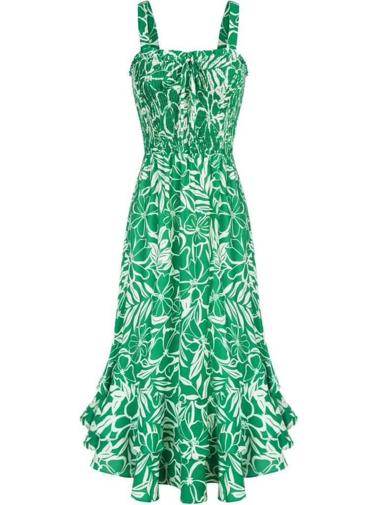 Women's Green Floral Square Neck Strapped A Line Floral Boho Long Maxi Dress
